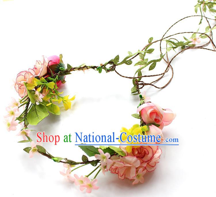 Top Grade Handmade Wedding Bride Headband, Traditional Princess Pink Flower Hair Clasp Wedding Headwear for Women