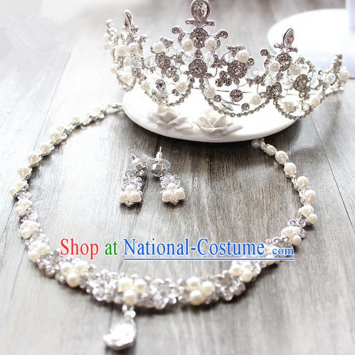 Top Grade Handmade Wedding Bride Hair Accessories and Necklace Earrings, Traditional Princess Baroque Pearl Royal Crown Wedding Headwear for Women