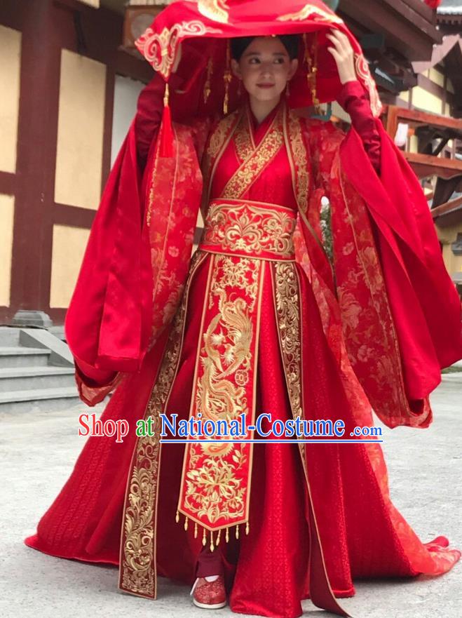 Traditional Ancient Chinese Northern and Southern Dynasties Wedding Costume, The Entangled Life of Qingluo Princess Hanfu Wedding Dress Clothing and Headpiece Complete Set