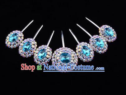 Chinese Ancient Peking Opera Head Accessories Young Lady Diva Colorful Crystal Blue Hairpins Complete Set, Traditional Chinese Beijing Opera Hua Tan Hair Clasp Head-ornaments