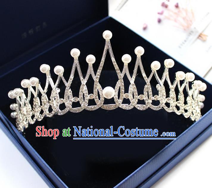 Top Grade Handmade Wedding Bride Hair Accessories Pearl Crown, Traditional Baroque Princess Crystal Royal Crown Wedding Headpiece for Women