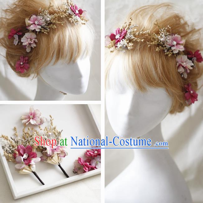 Top Grade Handmade Wedding Bride Hair Accessories Pink Flowers Headwear Complete Set, Traditional Princess Baroque Headpiece for Women