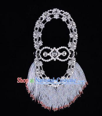 Chinese Ancient Peking Opera Head Accessories Young Lady Diva White Crystal Hairpins Back Temples Curtain, Traditional Chinese Beijing Opera Hua Tan Hair Clasp Head-ornaments