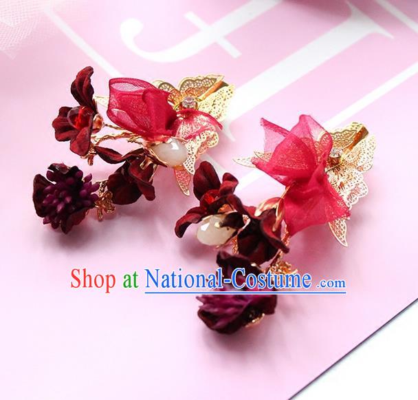 Top Grade Handmade Wedding Bride Hair Accessories Red Flower Headwear, Traditional Princess Baroque Hair Clips for Women