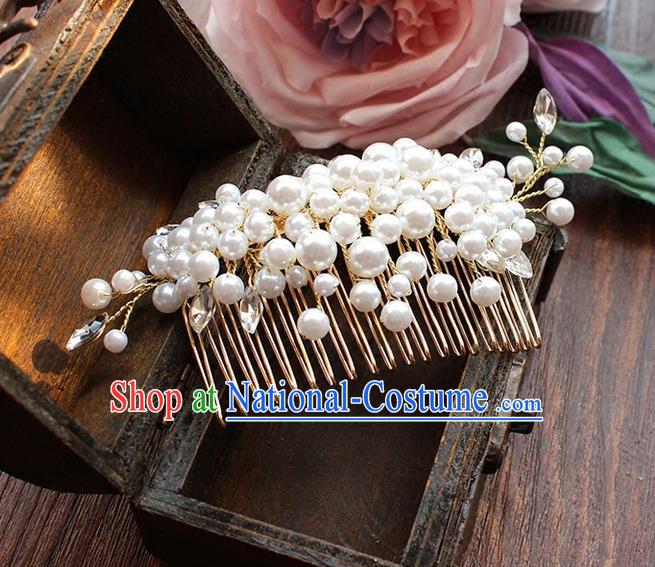 Top Grade Handmade Wedding Bride Hair Accessories Headwear, Traditional Princess Baroque Pearl Hair Comb Headpiece for Women