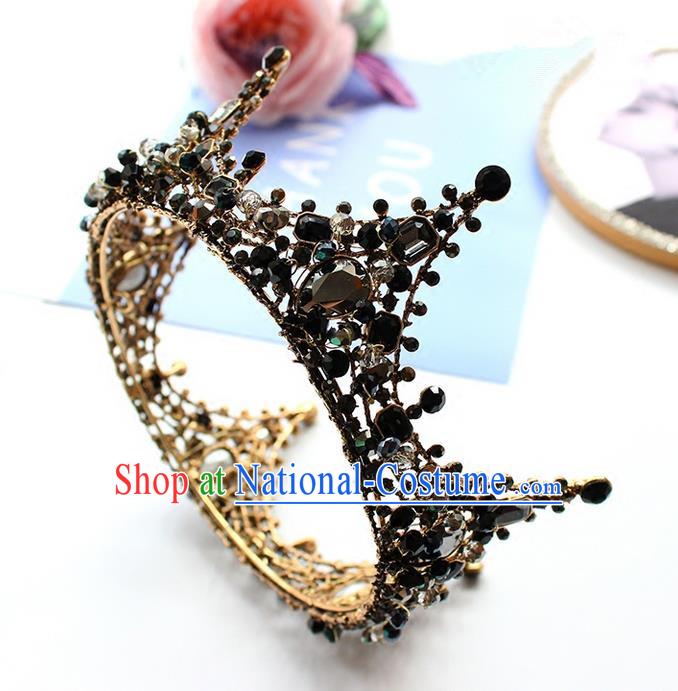 Top Grade Handmade Wedding Bride Hair Accessories Headwear, Traditional Princess Baroque Black Crystal Royal Crown Wedding Headpiece for Women