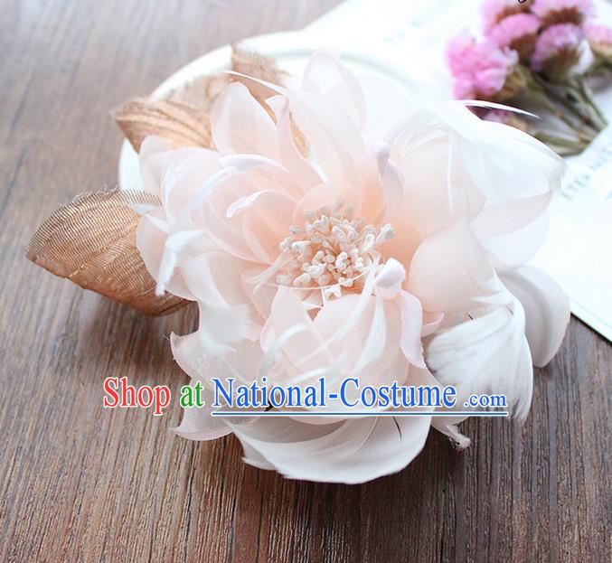 Top Grade Handmade Wedding Bride Hair Accessories Headwear, Traditional Princess Baroque Feather Pink Flower Hairpin Wedding Headpiece for Women