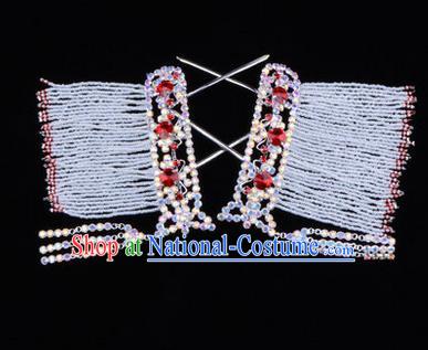 Chinese Ancient Peking Opera Head Accessories Young Lady Diva Red Crystal Tassel Hairpins Temples Curtain, Traditional Chinese Beijing Opera Hua Tan Hair Clasp Head-ornaments