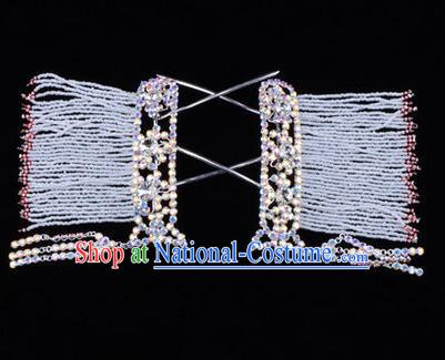 Chinese Ancient Peking Opera Head Accessories Young Lady Diva White Crystal Tassel Hairpins Temples Curtain, Traditional Chinese Beijing Opera Hua Tan Hair Clasp Head-ornaments