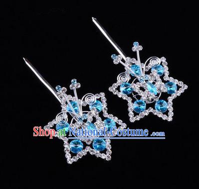 Chinese Ancient Peking Opera Head Accessories Diva Blue Crystal Hexagonal Hairpins, Traditional Chinese Beijing Opera Princess Hua Tan Hair Clasp Head-ornaments