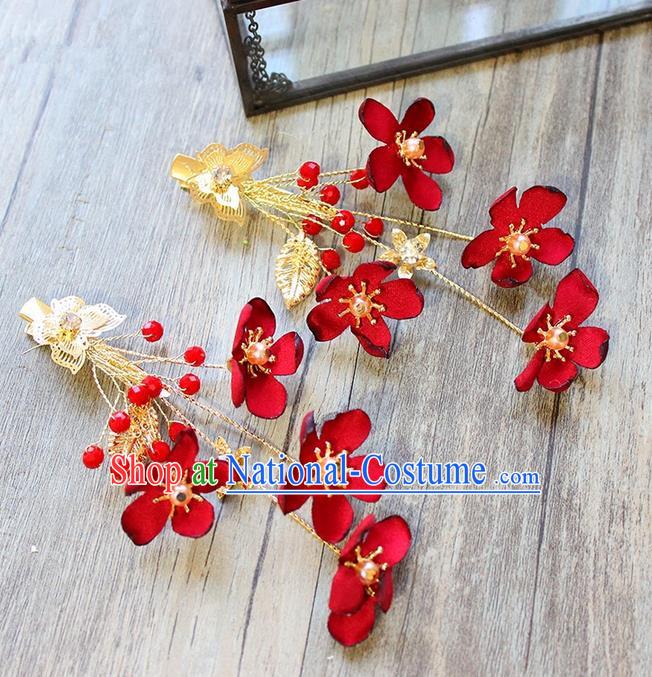 Top Grade Handmade Wedding Bride Hair Accessories Headwear, Traditional Princess Baroque Red Flower Hair Claw Headpiece for Women