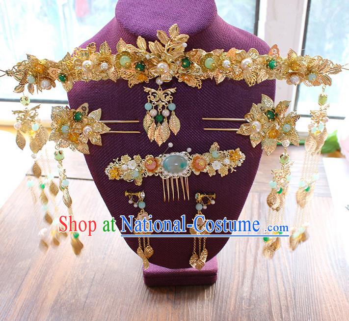 Top Grade Chinese Handmade Wedding Hair Accessories, Traditional China Xiuhe Suit Phoenix Coronet Bride Headwear Hairpins Complete Set for Women