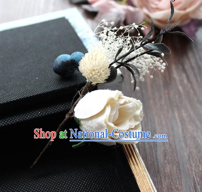 Top Grade Handmade Wedding Bride Hair Accessories Flower Hairpin, Traditional Princess Brooch Wedding White Rose for Women