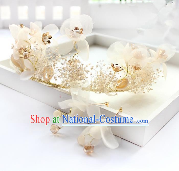 Top Grade Handmade Wedding Bride Hair Accessories Headwear and Earrings, Traditional Baroque Queen Silk Royal Crown Wedding Headpiece for Women