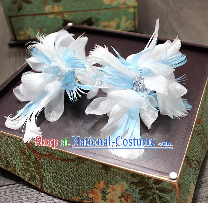 Top Grade Handmade Wedding Bride Hair Accessories Hairpins, Traditional Baroque Queen Blue Feather Hair Stick Wedding Headpiece for Women