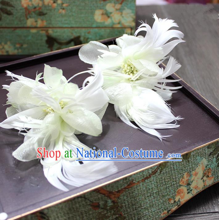 Top Grade Handmade Wedding Bride Hair Accessories Hairpins, Traditional Baroque Queen Green Feather Hair Stick Wedding Headpiece for Women