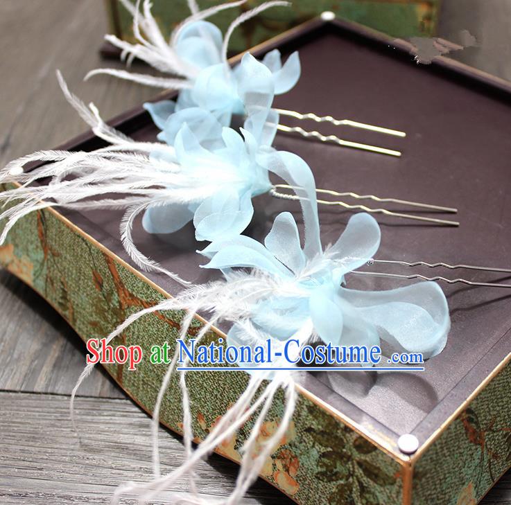 Top Grade Handmade Wedding Bride Hair Accessories Hairpins, Traditional Baroque Queen Feather Blue Silk Hair Stick Wedding Headpiece for Women