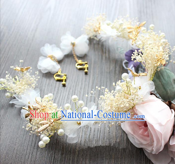 Top Grade Handmade Wedding Bride Hair Accessories Hair Clasp, Traditional Baroque Queen Feather Hairpins and Earrings Wedding Headpiece for Women