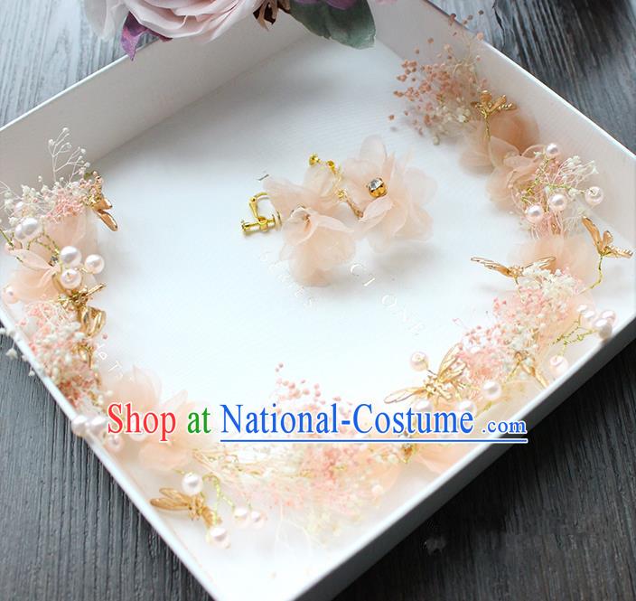 Top Grade Handmade Wedding Bride Hair Accessories Hair Clasp, Traditional Baroque Queen Pink Feather Hairpins and Earrings Wedding Headpiece for Women