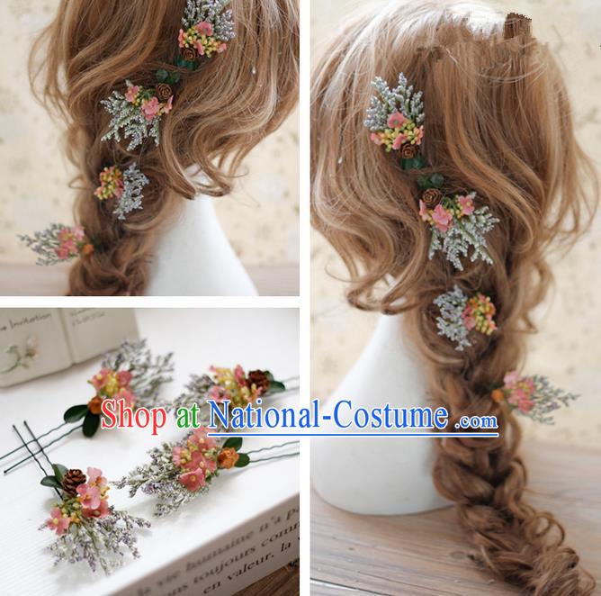 Top Grade Handmade Wedding Bride Hair Accessories Hairpins Complete Set, Traditional Princess Pink Flowers Wedding Headwear for Women