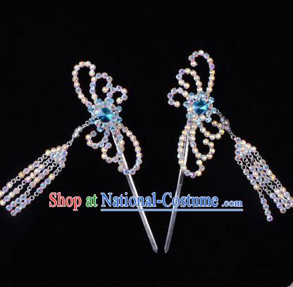 Chinese Ancient Peking Opera Head Accessories Diva Blue Colorful Crystal Hairpins Tassel Step Shake, Traditional Chinese Beijing Opera Princess Hua Tan Hair Clasp Head-ornaments