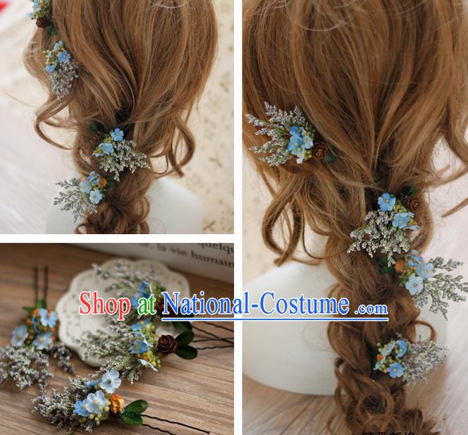 Top Grade Handmade Wedding Bride Hair Accessories Hairpins Complete Set, Traditional Princess Blue Flowers Wedding Headwear for Women