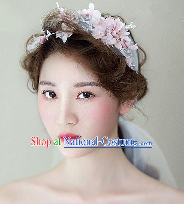 Top Grade Handmade Wedding Bride Hair Accessories Pink Flowers Hair Band, Traditional Princess Wedding Headwear for Women