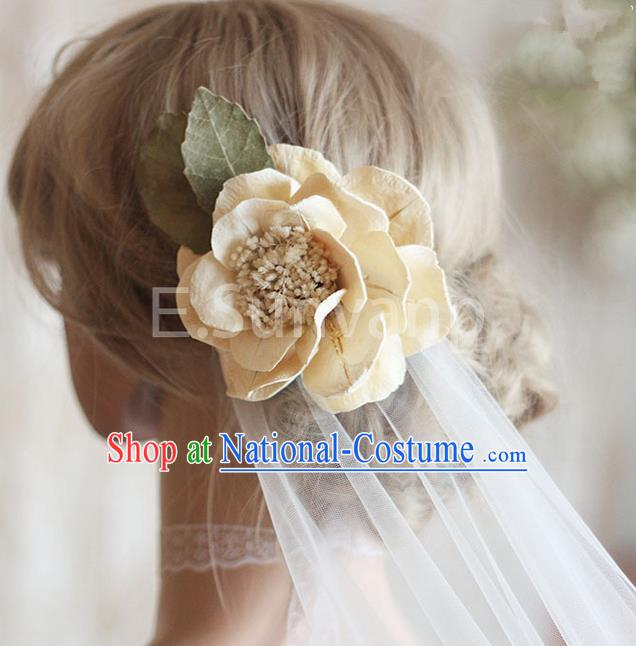 Top Grade Handmade Wedding Bride Hair Accessories Rose Hairpin, Traditional Princess Wedding Headwear Veil for Women