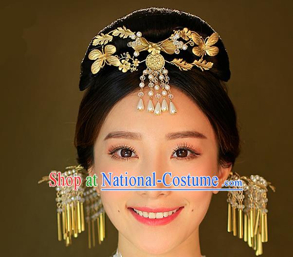 Top Grade Chinese Handmade Wedding Hair Accessories Forehead Ornament, Traditional China Xiuhe Suit Phoenix Coronet Bride Hanfu Tassel Hairpins Complete Set for Women