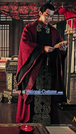 Traditional Ancient Chinese Three Kingdoms Period Prince Costume, The Advisors Alliance Nobility Childe Robe Clothing and Headpiece Complete Set