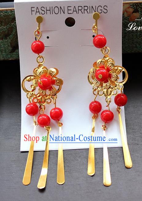 Top Grade Handmade China Wedding Bride Accessories Red Beads Earrings, Traditional Princess Xiuhe Suit Wedding Tassel Eardrop for Women