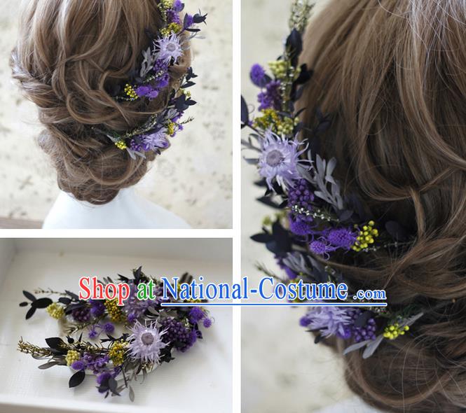 Top Grade Handmade Wedding Bride Hair Accessories Purple Flowers Hairpins, Traditional Princess Baroque Headpiece Complete Set for Women