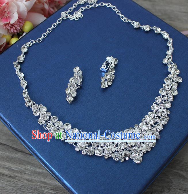 Top Grade Handmade Wedding Bride Accessories CZ Diamond Necklace and Long Earrings Complete Set, Traditional Princess Crystal Wedding Jewelry for Women