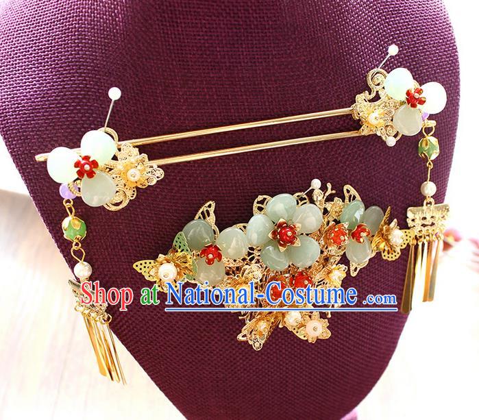 Top Grade Chinese Handmade Wedding Jade Hair Accessories Complete Set, Traditional China Xiuhe Suit Phoenix Coronet Bride Hanfu Tassel Hairpins Headwear for Women