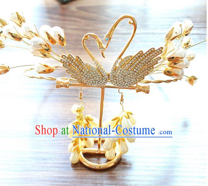 Top Grade Handmade Wedding Bride Hair Accessories Swan Hair Band, Traditional Princess Wedding Golden Hair Clasp Headwear for Women