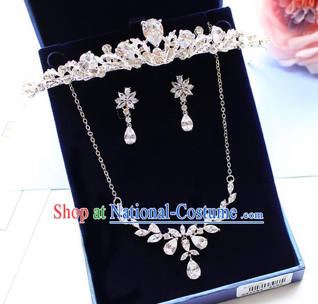 Top Grade Handmade China Wedding Bride Accessories Zircon Crown Necklace and Earrings, Traditional Princess Wedding Jewelry for Women