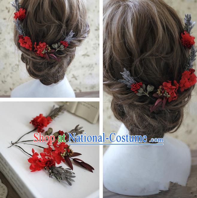 Top Grade Handmade Wedding Bride Hair Accessories Red Flowers Hairpin Complete Set, Traditional Princess Baroque Headpiece for Women