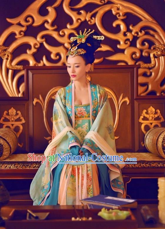 Traditional Ancient Chinese Imperial Concubine Costume and Headpiece Complete Set, Elegant Hanfu Clothing Chinese Tang Dynasty Palace Lady Embroidered Dress Clothing