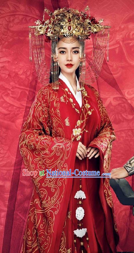 Traditional Chinese Imperial Princess Wedding Costume and Handmade Headpiece Complete Set, Chinese Style Ancient Hanfu Bride Wedding Embroidered Red Dress for Women