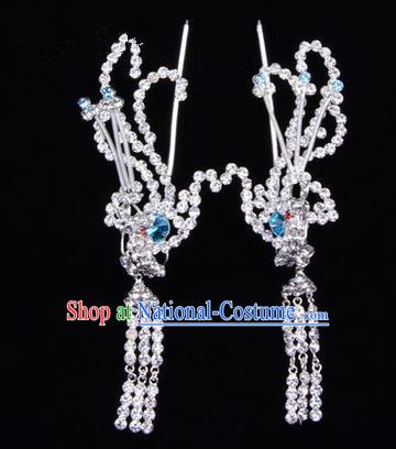 Chinese Ancient Peking Opera Head Accessories Diva Colorful Crystal Blue Phoenix Tassel Hairpins, Traditional Chinese Beijing Opera Princess Hua Tan Hair Clasp Head-ornaments