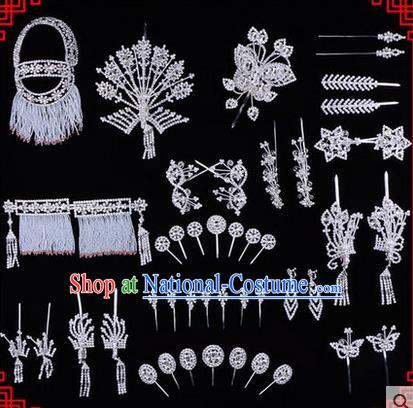 Chinese Ancient Peking Opera Head Accessories Diva White Crystal Phoenix Coronet Hairpins, Traditional Chinese Beijing Opera Princess Hua Tan Hair Clasp Head-ornaments Complete Set