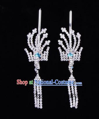 Chinese Ancient Peking Opera Head Accessories Diva Crystal Blue Tassel Hairpins, Traditional Chinese Beijing Opera Princess Hua Tan Hair Clasp Head-ornaments