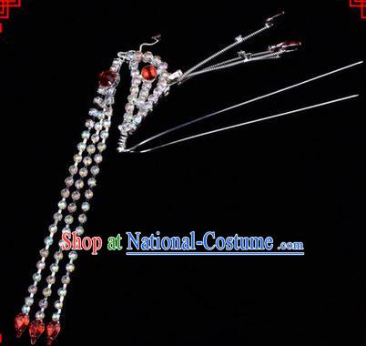 Chinese Ancient Peking Opera Head Accessories Diva Red Crystal Long Tassel Phoenix Hairpins, Traditional Chinese Beijing Opera Princess Hua Tan Hair Clasp Head-ornaments