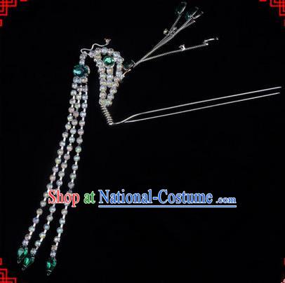 Chinese Ancient Peking Opera Head Accessories Diva Green Crystal Long Tassel Phoenix Hairpins, Traditional Chinese Beijing Opera Princess Hua Tan Hair Clasp Head-ornaments