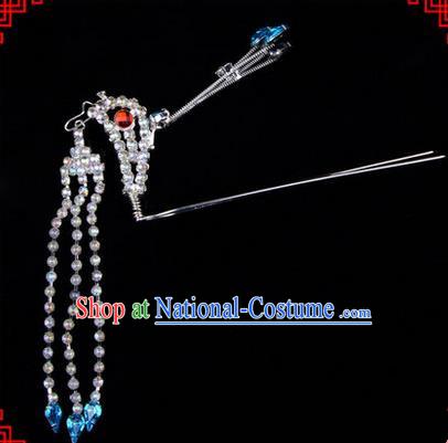 Chinese Ancient Peking Opera Head Accessories Diva Blue Crystal Long Tassel Phoenix Hairpins, Traditional Chinese Beijing Opera Princess Hua Tan Hair Clasp Head-ornaments