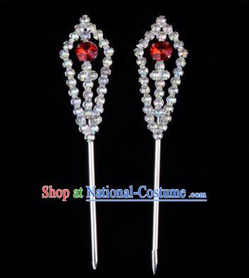 Chinese Ancient Peking Opera Head Accessories Diva Red Crystal Pointed Temples Hairpins, Traditional Chinese Beijing Opera Princess Hua Tan Hair Clasp Head-ornaments