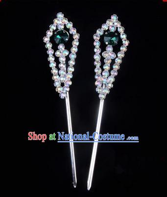 Chinese Ancient Peking Opera Head Accessories Diva Green Crystal Pointed Temples Hairpins, Traditional Chinese Beijing Opera Princess Hua Tan Hair Clasp Head-ornaments