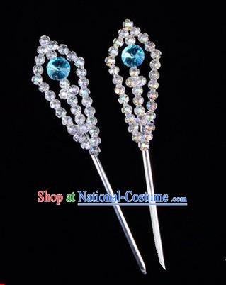 Chinese Ancient Peking Opera Head Accessories Diva Blue Crystal Pointed Temples Hairpins, Traditional Chinese Beijing Opera Princess Hua Tan Hair Clasp Head-ornaments