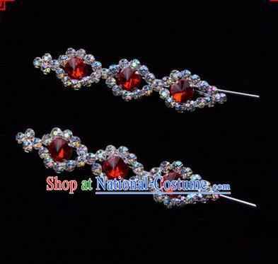 Chinese Ancient Peking Opera Head Accessories Diva Red Beads Crystal Hairpins, Traditional Chinese Beijing Opera Princess Hua Tan Hair Clasp Head-ornaments