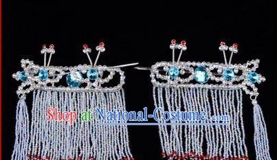 Chinese Ancient Peking Opera Hair Accessories Young Lady Diva Blue Crystal Hairpins Tassel Temples Curtain, Traditional Chinese Beijing Opera Hua Tan Head Ornaments